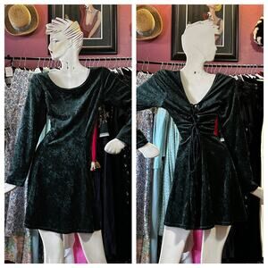 Vintage 90s Crushed Velvet Mini Dress Corset Lace Up Fairy Grunge Green L/XL